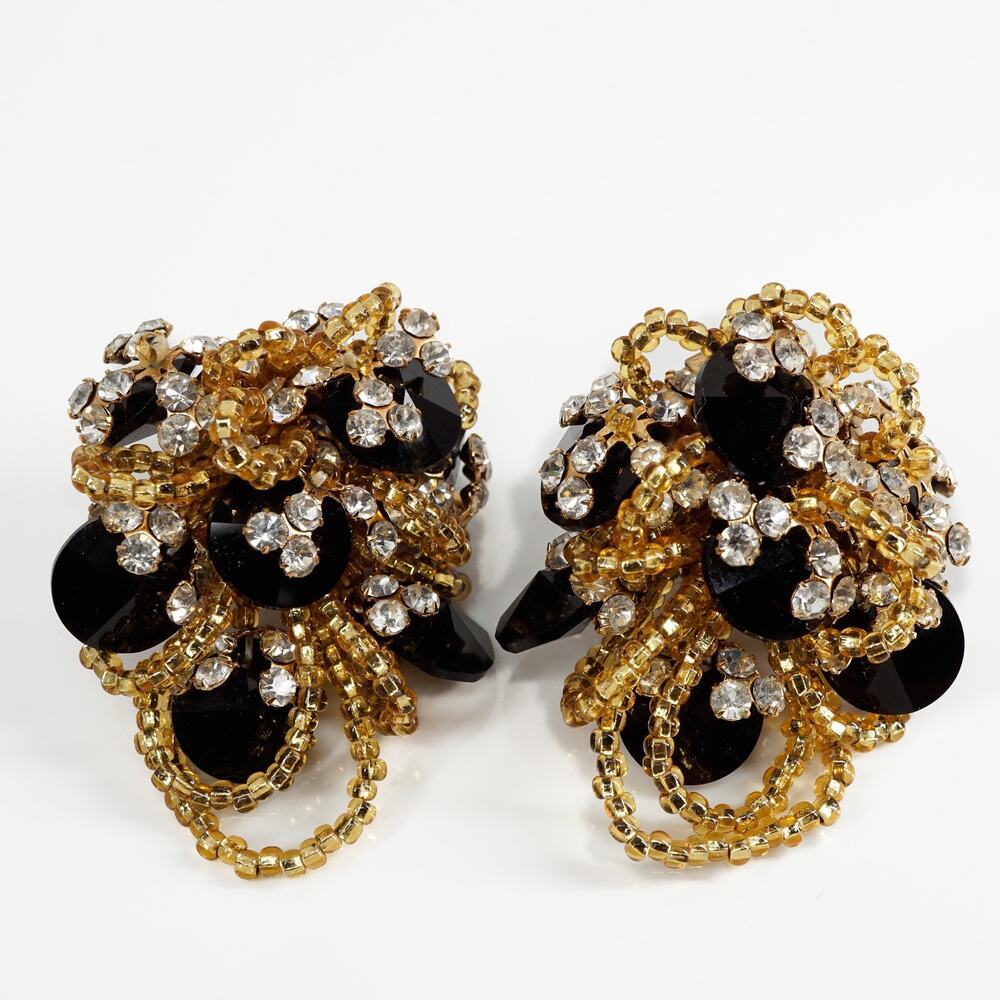 Vintage Lois Ann Clip On Earrings Beaded Rhinestone Black Gold Dangle Cluster